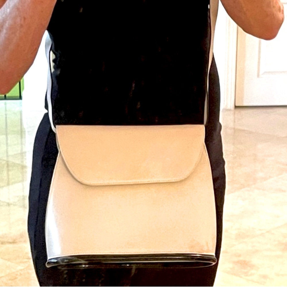 Salvatore Ferragamo cross-body bag, taupe w/ black patent, gold hardware